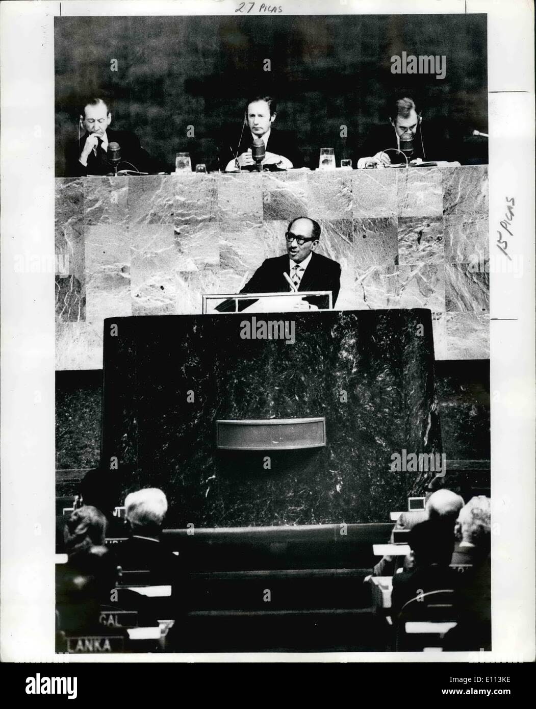 10. Oktober 1975 - der ägyptische Präsident Anwar Sadat bei den Vereinten Nationen zu sprechen. Stockfoto
