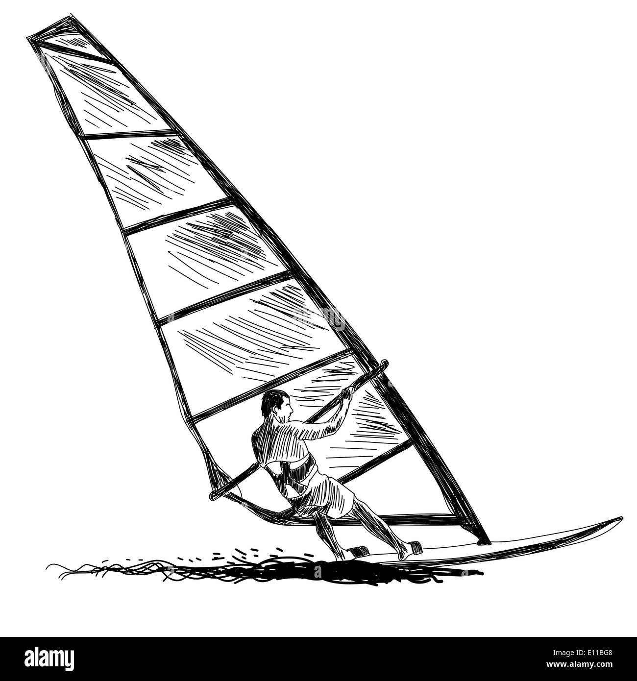 Windsurfen-Skizze. Vektorgrafik EPS 10 ohne Transparenz und Netze. Stockfoto
