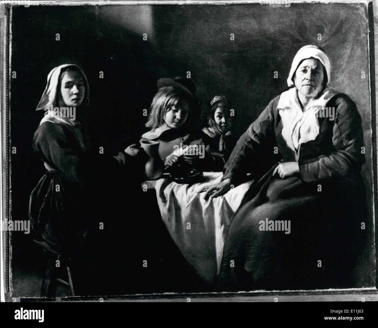 7. Juli 1978 - x-ray beweist Kopie als ein Original: '' vier Zahlen am Tisch '', zuvor katalogisiert eine "nach Louis Lenain" von der nationalen Galerie Erhaltung Abteilung vor kurzem gereinigt wurde und die Ergebnisse haben gezeigt, dass es Louis Le Nain Original und nicht nur eine Kopie ist. X-Rays des Bildes zeigen darüber hinaus, dass es auf eine Büste Länge Porträt eines bärtigen Mannes mit einer Halskrause, die möglicherweise auch die Arbeit der Brüder Le Nain gemalt ist. Louis Le Nain und seine beiden Brüder waren 17. Jahrhundert Französisch Maler, die häufig in ihren Bildern mitgewirkt haben Stockfoto