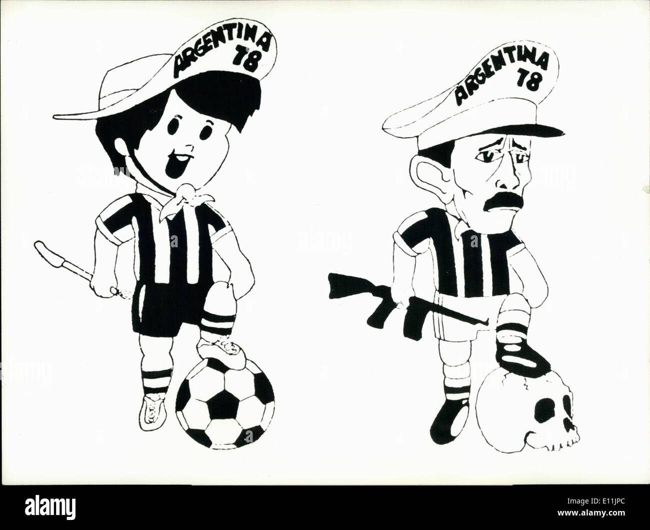 5. Mai 1978 - '' als Berlin 1936'' - Welt Fußball Wettbewerb 1978 mit dieser Karikatur einer Schweizer Gruppe will aufmerksam machen auf die politische Situation in Argentinien. Die Karikatur "als Berlin 1936'' vergleicht die Situation 1978 in Argentinien mit den Olympischen Spielen 1936 im faschistischen Deutschland. Stockfoto