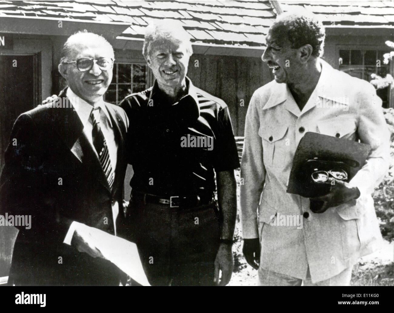 Der israelische Ministerpräsident MENACHEM BEGIN, JIMMY CARTER und ägyptischen Präsidenten ANWAR AS-SADAT, Vorbereitung einer Unterzeichnung eines Friedensvertrages Stockfoto