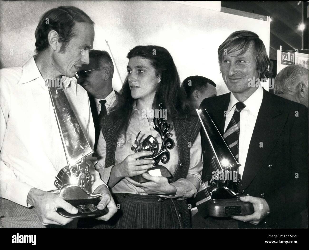 17. Januar 1979 - Route du Rhum Gewinner: Michael Birch, Florence Arthaud und Michel Malinovsky. Ne Bild Stockfoto