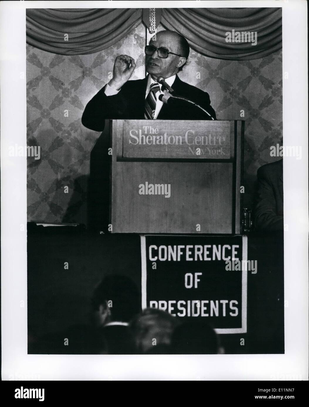 7. Juli 1979 - Meanahem Rede auf der Konferenz der Präsidenten der großen amerikanischen jüdischen Organisationen im Sheraton Center in New York beginnen. Stockfoto