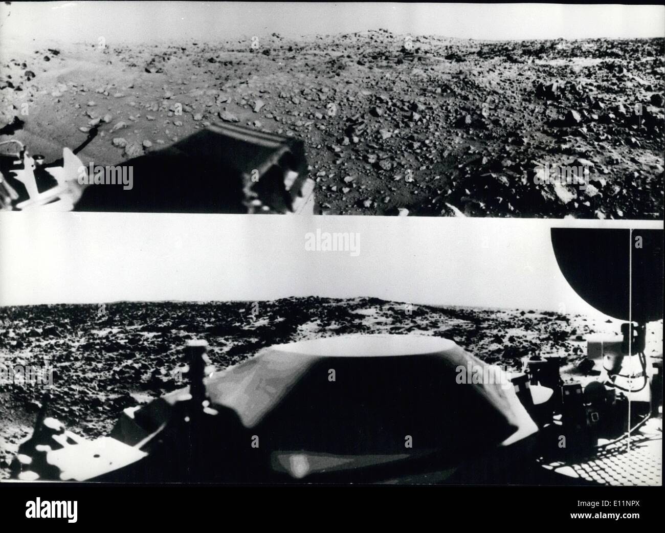 7. Juli 1979 - erste Bild von The Red Planet Mars: Th ersten Panoramablick von Viking 1 von der Oberfläche des Mars Top-Hälfte sie Out-of-Focus Raumschiff Komponente in Richtung Mitte links ist das Gehäuse für die Viking-Probe-Arm, der noch nicht bereitgestellt ist: unten zu sehen die Low gain Antenne vom Empfang von Befehlen von der Erde, die Projektionen auf oder nahe dem Horizont Amy repräsentieren die Rime entfernten Einschlagskrater. Stockfoto