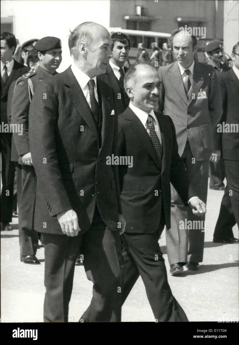 9. März 1980 - während eines Staatsbesuches in Jordanien, Präsident Giscard D'Estaing und seine Frau wurden von Nour Königin und König Hussein von Jordanien in Aman begrüßt. Stockfoto