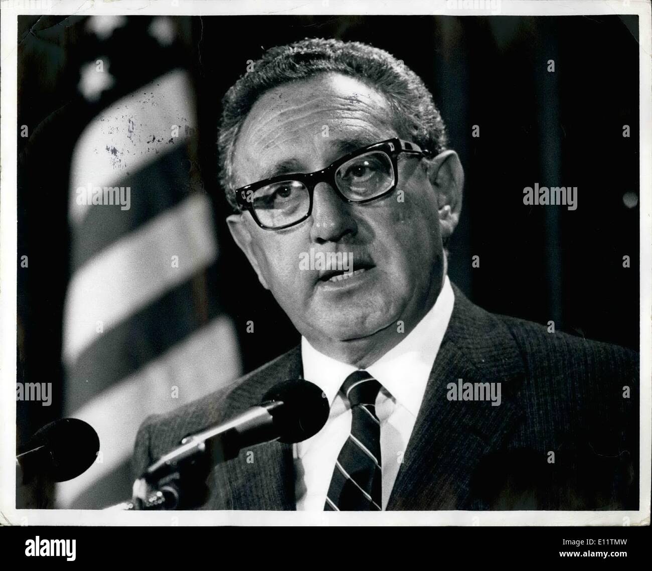 7. Juli 1980 - Henry Kissinger auf einer Pressekonferenz in der Cobo Hall. Detroit Michigan während der Republikaner. Stockfoto