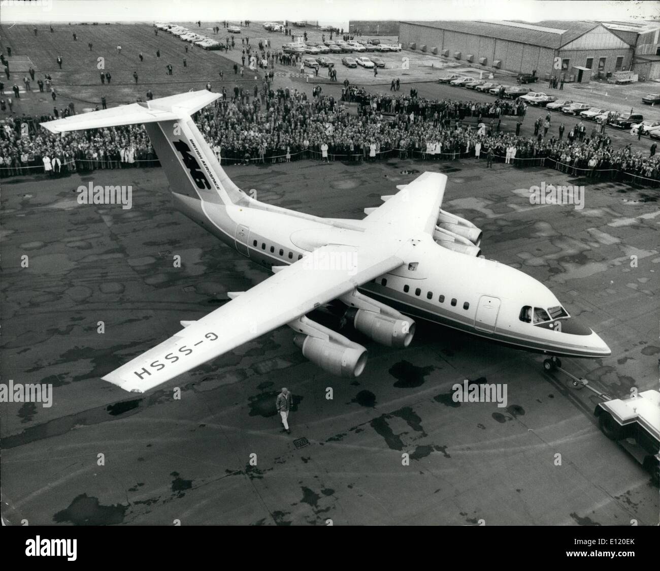 5. Mai 1981 - die BAE 146 Zubringerflugzeug rollte heraus an Hatfield: Großbritanniens neue Kurzstrecke Zubringerflugzeug der BAe 146 machte das Publikum Stockfoto