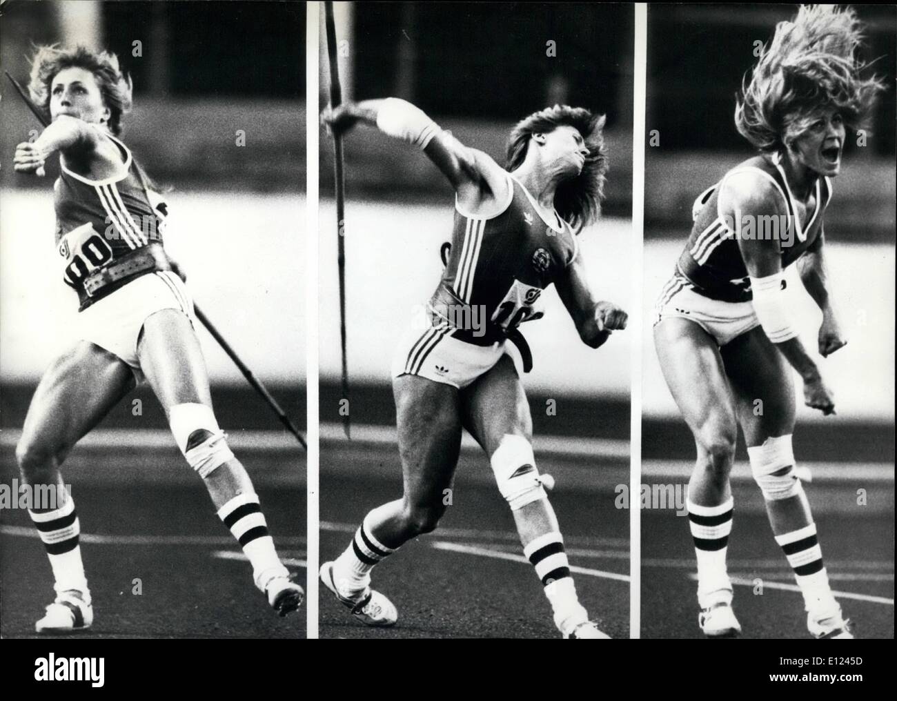 8. August 1984 - internationale Frauen-sportliche treffen in Prag. OPS: Osten Deutsch Mädchen Petra Felke, Gewinner des Speers Ereignis zu werfen. Bilder zeigen drei von ihren Einstellungen. Stockfoto