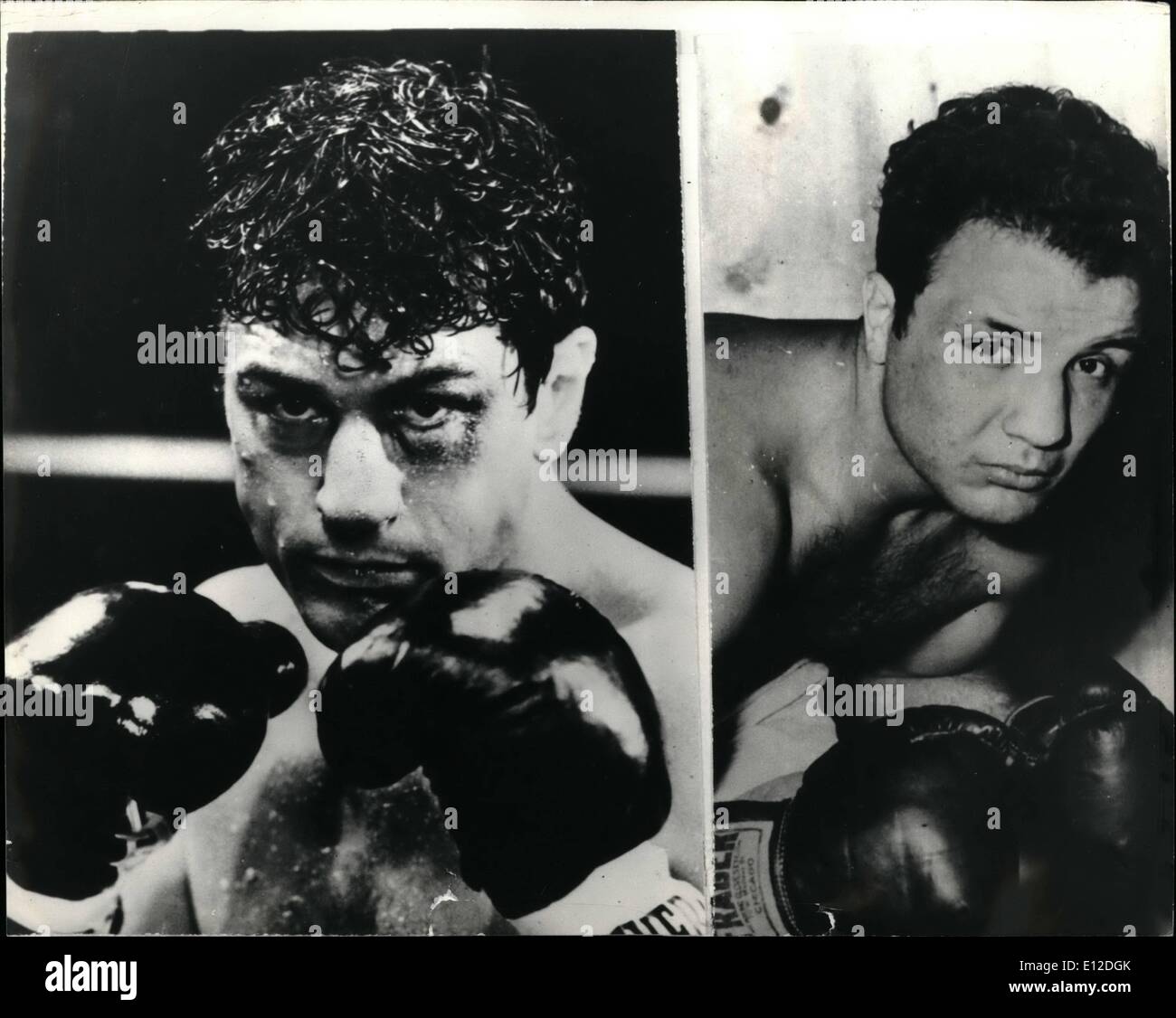 15. Dezember 2011 - ist De Niro-Mittelgewichts-Champion der Welt; In einem neuen knallharte Film namens '' Raging Bull'' Schauspieler Robert De Niro s die Rolle der Preisboxer Jake La Motta, die 1948-Mittelgewichts-Champion der Welt im New Yorker Madison Square Garden ausgerufen wurde. Die Rolle basiert auf der wahren Lebenserfahrung La Motta, über seine außergewöhnliche Autobiographie geschrieben hat, Aufstieg zu Ruhm und fortune.his Degeneration, die ihren Höhepunkt in Haft, und wehren zu einem sinnvoll Leben Stockfoto