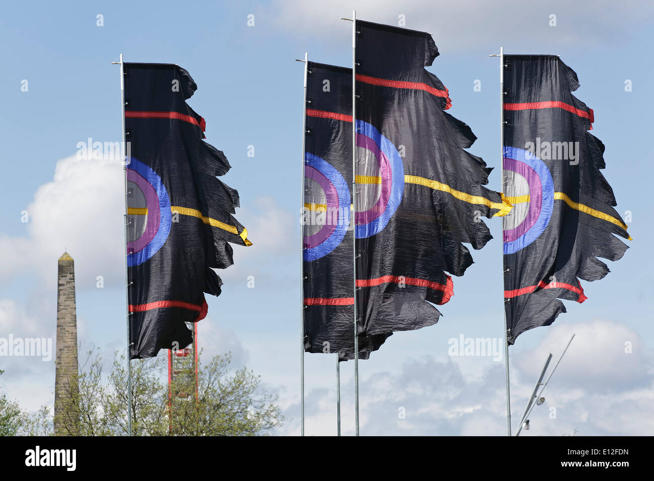 Glasgow Green, Glasgow, Schottland, Großbritannien, 21. Mai 2014. Banner fliegen vor dem Big Weekend Music Festival von BBC Radio 1 Stockfoto