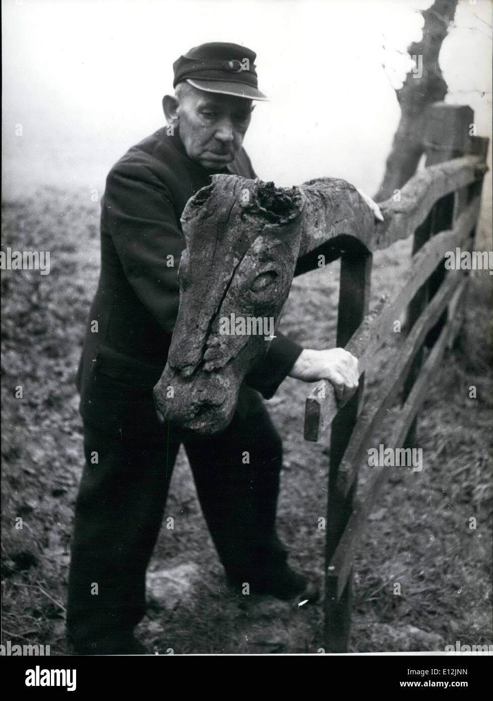 24. Februar 2012 - ein original Hobby. der 67 Jahre alte Bauer Fritz Meyer aus Barme in der Nähe von Verdan hat. Überall ziert er die Dinge aus Holz um ihn herum von Holzschnitzereien. Toren der Getreidespeicher, Holz-Zäune und So weiter zeigen interessante Anzeichen seiner Kunst. OPS: Das Gegengewicht einer Turnpike Eingang schließen eine Pferd Weide. Meyer, die es als Pferdekopf geschnitzt. Keystone-Bild des 7. November 58 Stockfoto