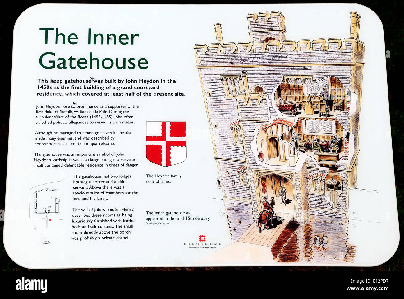 Baconsthorpe Burg, Info-Tafel, Norfolk England UK englische mittelalterliche Burgen Stockfoto