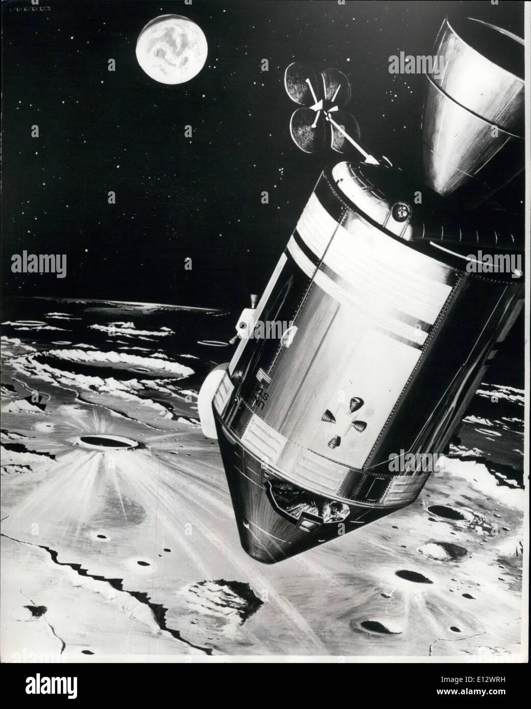 26. Februar 2012 - Flug Apollo 8 Mond; Foto zeigt eine künstlerische Konzept das Apollo 8 Raumfahrzeug wie er den Mond umkreist. Während der Mission, A. Anders, Pilot der Mondlandefähre (LM), und James A. Lovell, Befehl Modul (CM) Pilot - wird die Oberfläche des Mondes zu fotografieren und Wahrzeichen-Sichtungen und andere Beobachtungen zu machen. Space Center am 21. Dezember und wird voraussichtlich am Heiligabend in eine Umlaufbahn um den Mond zu gehen. Stockfoto