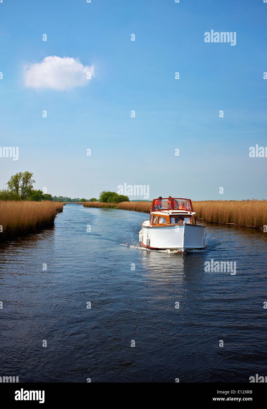 Bootfahren auf der Norfolk Broads in der Nähe von West Somerton, Norfolk, England, Vereinigtes Königreich, Europa. Stockfoto