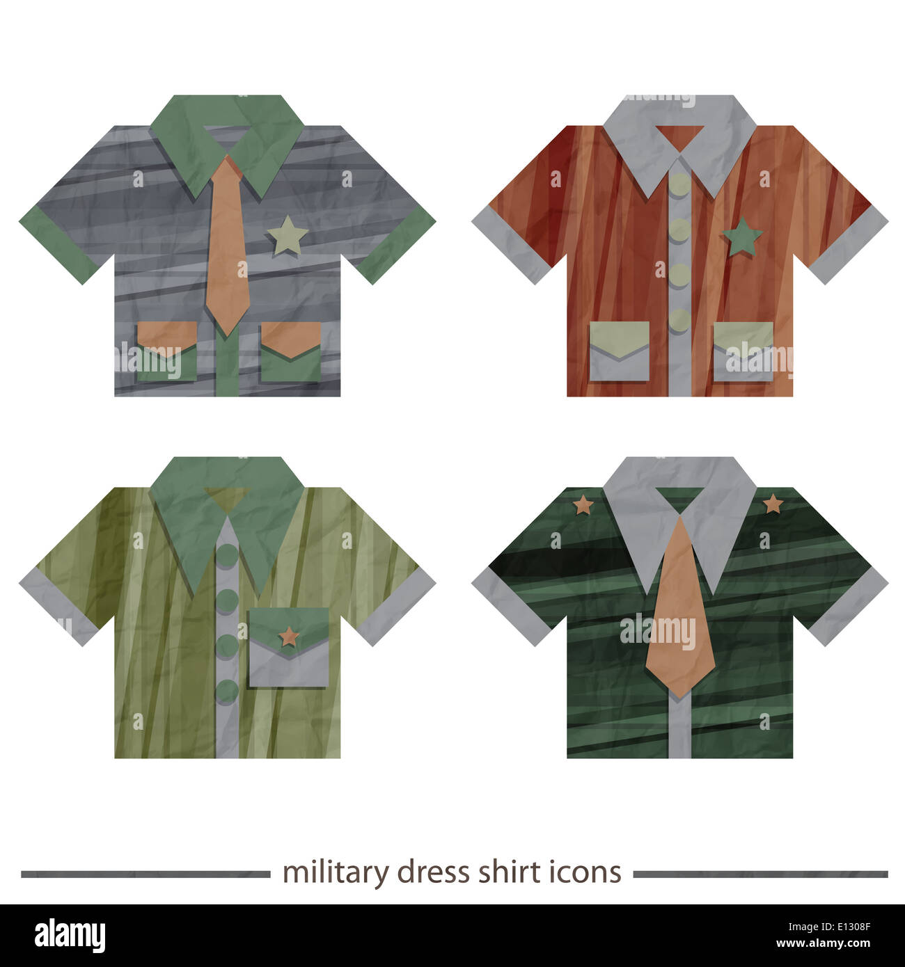 neue Reihe von militärischen Stil Kleid Hemden Icons isoliert auf weißem Hintergrund Stockfoto