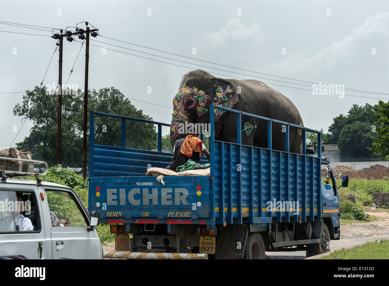 Fröhlich dekoriert Elefanten Ganesh Festival, Vadodara, Indien transportiert werden Stockfoto
