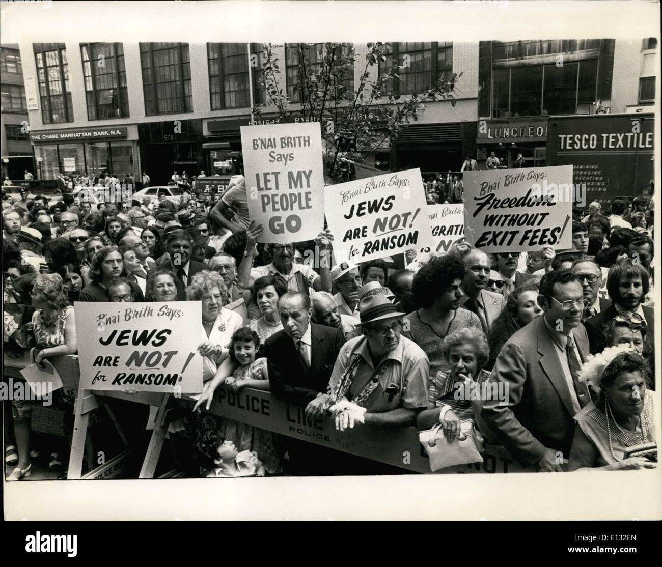 26. Februar 2012 - Demonstration gegen sowjetische Steuer auf jüdische Auswanderung. NYC Garment Center, 7th Ave und 40. St. August 29,1972 Stockfoto