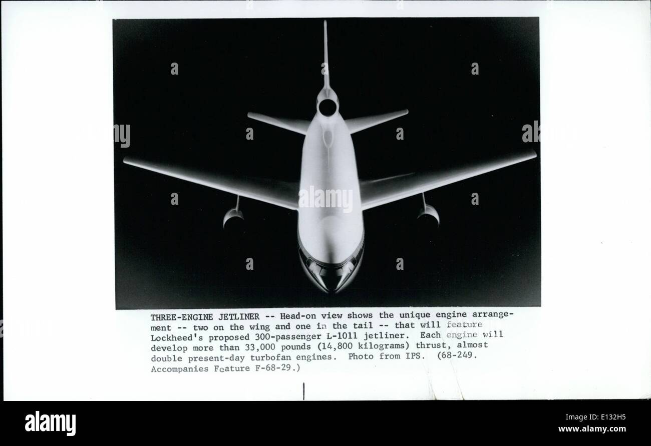 26. Februar 2012 - dreistrahligen Jetliner--frontalen Ansicht zeigt die einzigartige Motor Anordnung--zwei auf dem Flügel und eine im Heck--, das Lockheeds vorgeschlagenen 300 Passagiere l-1011 Jetliner kennzeichnen wird. Jeder Motor wird mehr als 33.000 Pfund (14.800 Kilogramm) Schub, fast doppelt so hoch heutigen Turbofan-Triebwerke entwickeln. Stockfoto