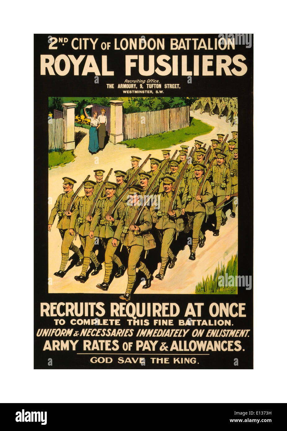 WW1 Rekrutierung Propagandaplakat in 1914 UK Royal Fusilier Soldaten marschieren in uniform Stockfoto