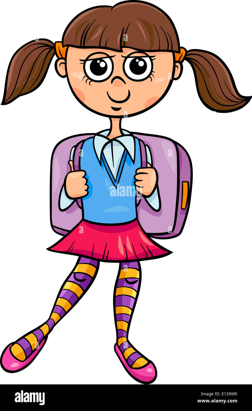 Cartoon-Illustration der Grundschule Studentin mit Schulranzen Stockfoto
