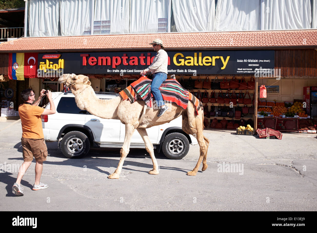Touristen auf Kamel in Jericho, Westjordanland, Palästina in der Nähe von The Berg der Versuchung Stockfoto