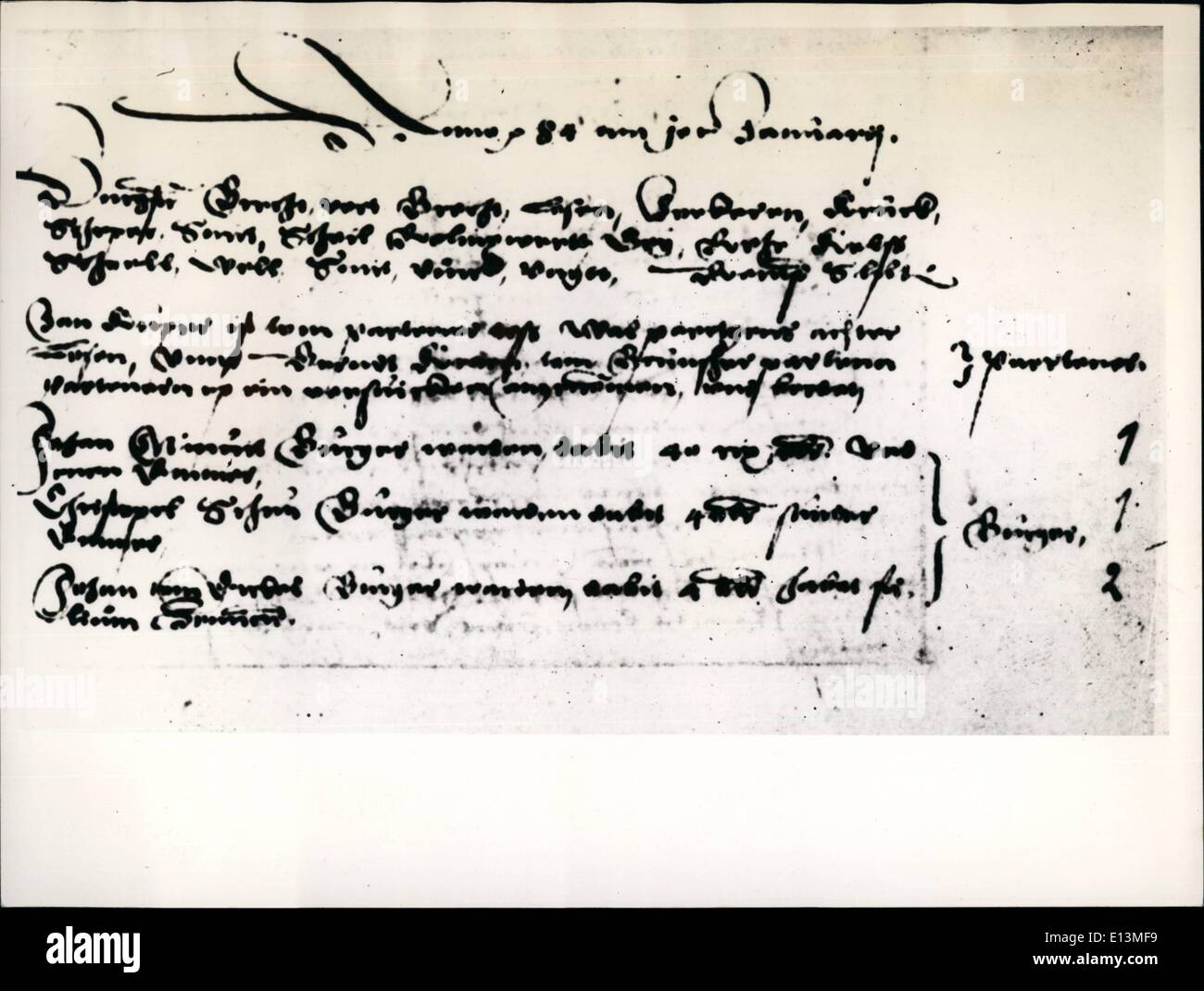22. März 2012 - beweist dieses Dokument des 31. Januar 1584, dass Peter Minuit Wesel Bürger war. Die Dokumente enthält, die Verleihung der Rechte der Bürger, Johann Minuit. Und es ist in der Tat für die Wesel Bürger, wenn der Vater ein Wesel Bürger war auch sein Sohn Wesel Bürger gewesen sein. Staat, ihm mit großer Autorität zu verleihen. Es wurde am 9. Januar des Jahres 1626 als Minuit mit vielen Anhängern an Bord der "Sea-Gull'' von Texel in See stechen. Und 115 Tage später, am 4. Mai 1626, das Schiff schließlich erreichte Manhattan Insel Stockfoto