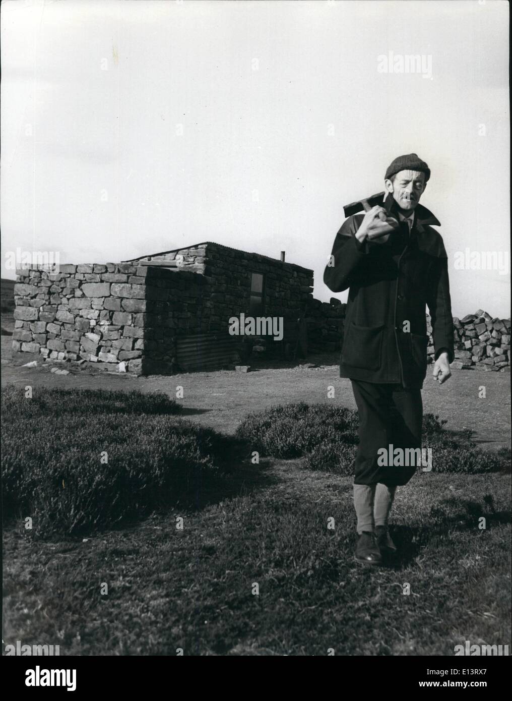 27. März 2012 - nach einer Pause, bricht Geoffrey Hugill aus der kleinen Hütte baute er, um seine Aufgabe des tendenziell Wades Causeway, Wheeldsle Moor, Yorka in Angriff nehmen. Stockfoto