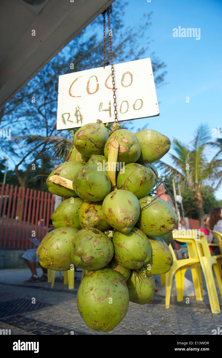 Handvoll frische grüne brasilianischen Coco Verde Kokosnüsse hängen an einem Kiosk am Ipanema Strand Rio de Janeiro Brasilien Stockfoto
