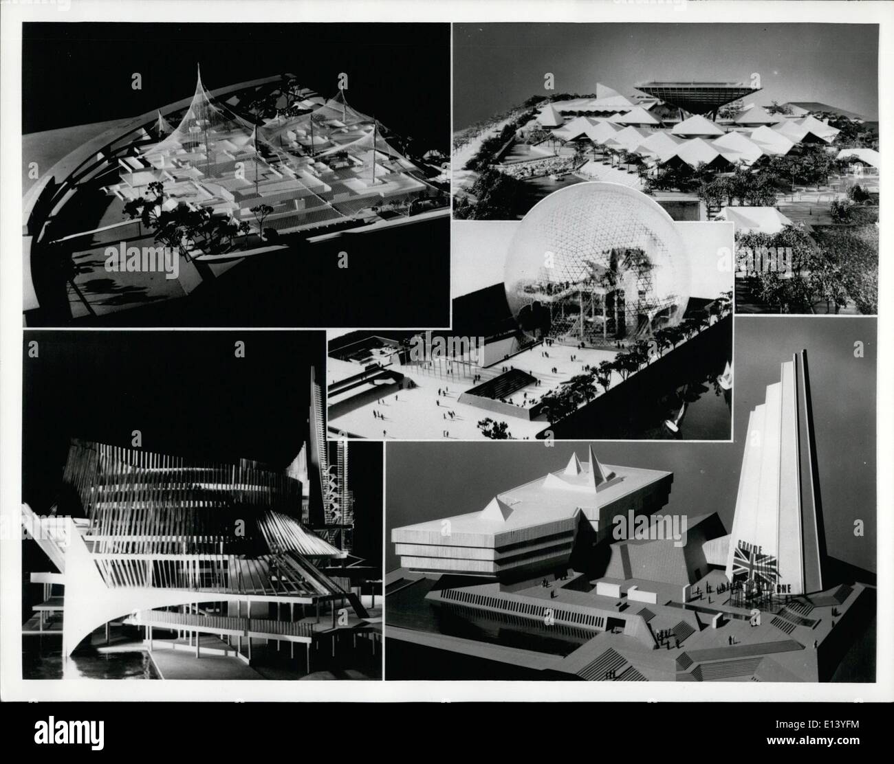 27. März 2012 - wird jedes der hier gezeigten Pavillons von selbst, eine komplette Ausstellung darstellen, die lohnt sich ein Besuch auf der Expo 67 sein wird. Kombinierte Bau und Betrieb-Budgets für die fünf Pavillons werden über 0,000,000 insgesamt. Links nach rechts oben, sind Deutschland und Kanada; unten, Frankreich und Großbritannien. Gigantische Kunststoffkuppel im Zentrum ist der Pavillon der Vereinigten Staaten. Stockfoto