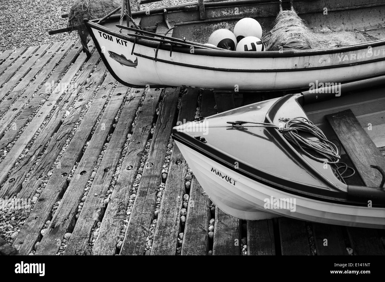 Zusammenfassung der Fischerboote auf Slipway am Sheringham Norfolk Stockfoto