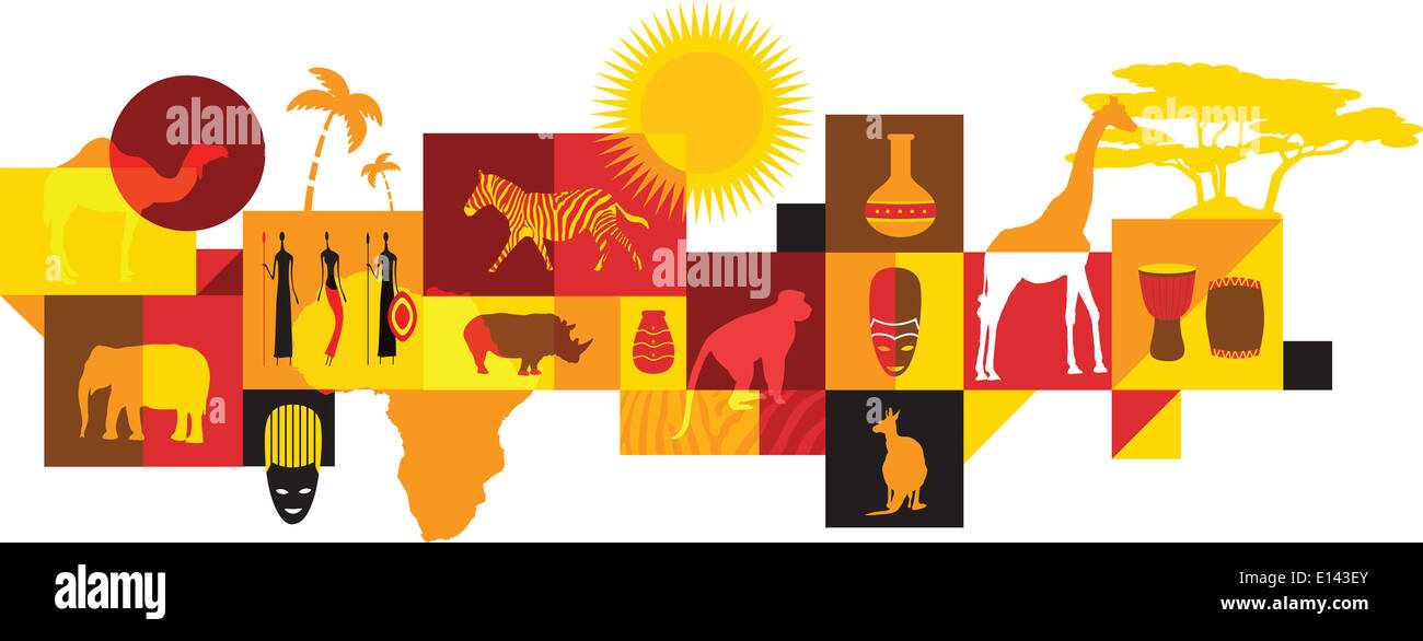Illustrative Collage von afrikanischen Tieren auf weißem Hintergrund Stockfoto