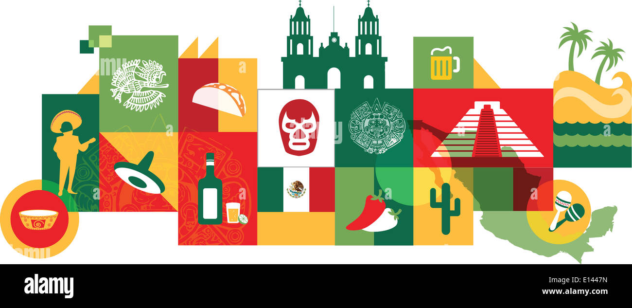 Illustrative Collage von Mexiko auf weißem Hintergrund Stockfoto