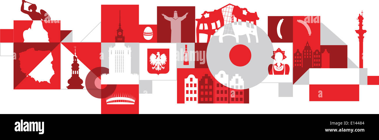 Illustrative Collage aus Polen auf weißem Hintergrund Stockfoto