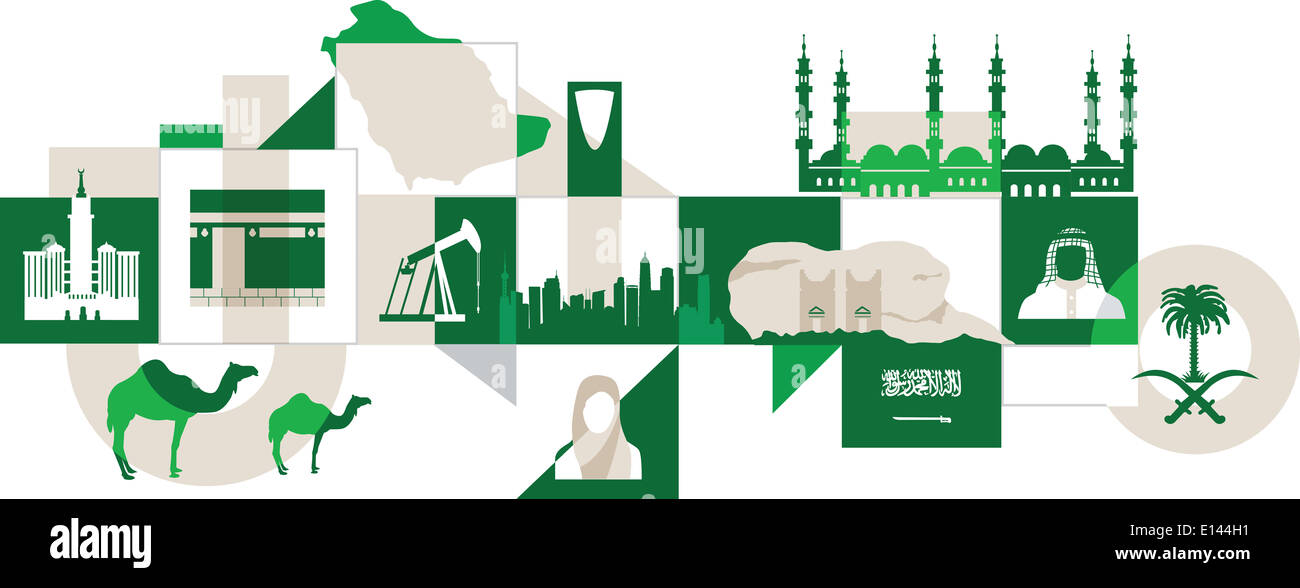 Illustrative Collage von Saudi-Arabien auf weißem Hintergrund Stockfoto