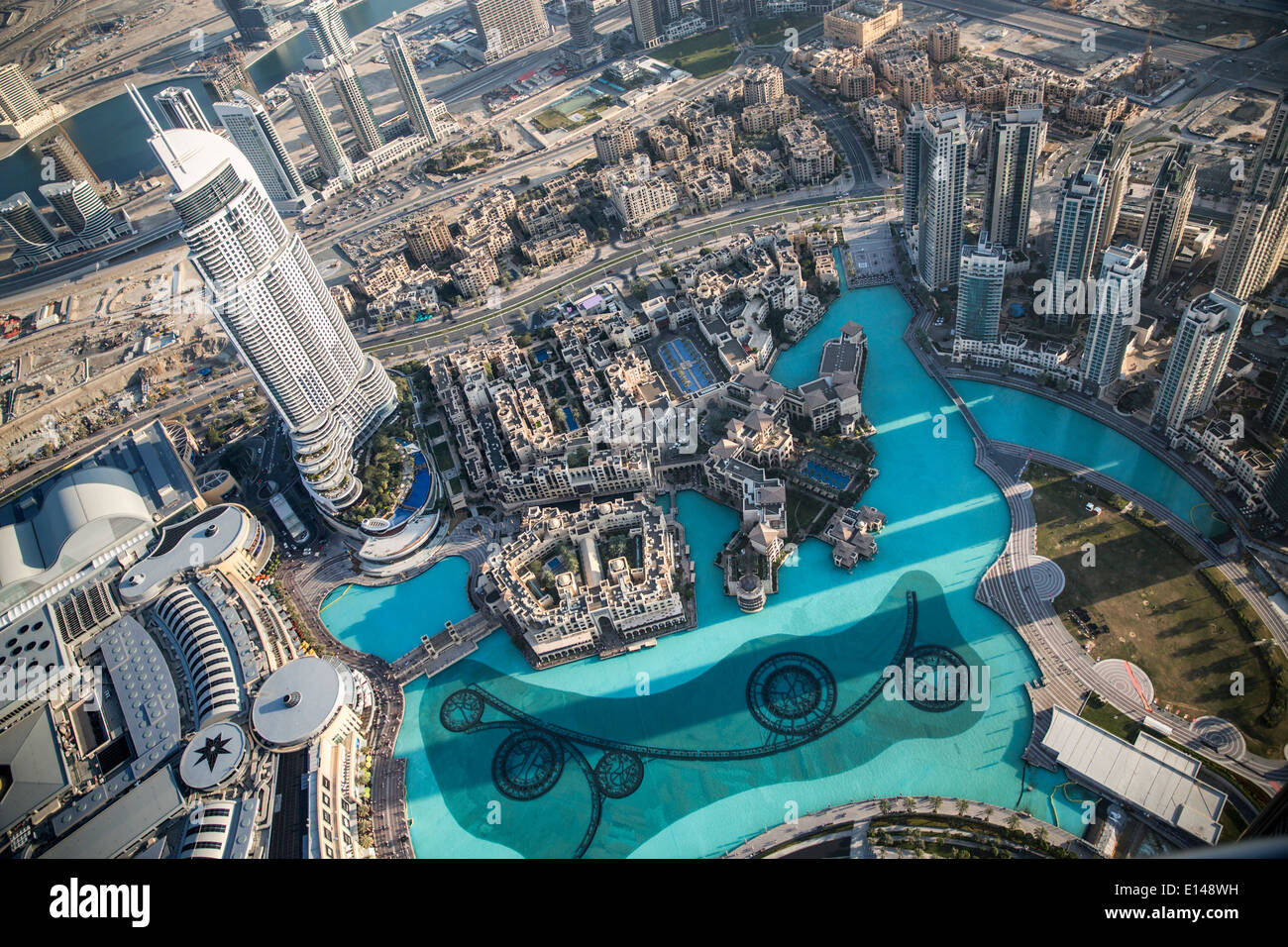 Vereinigte Arabische Emirate, Dubai, Souk Al Bahar. Blick vom Burj Khalifa, das höchste Gebäude der Welt Stockfoto