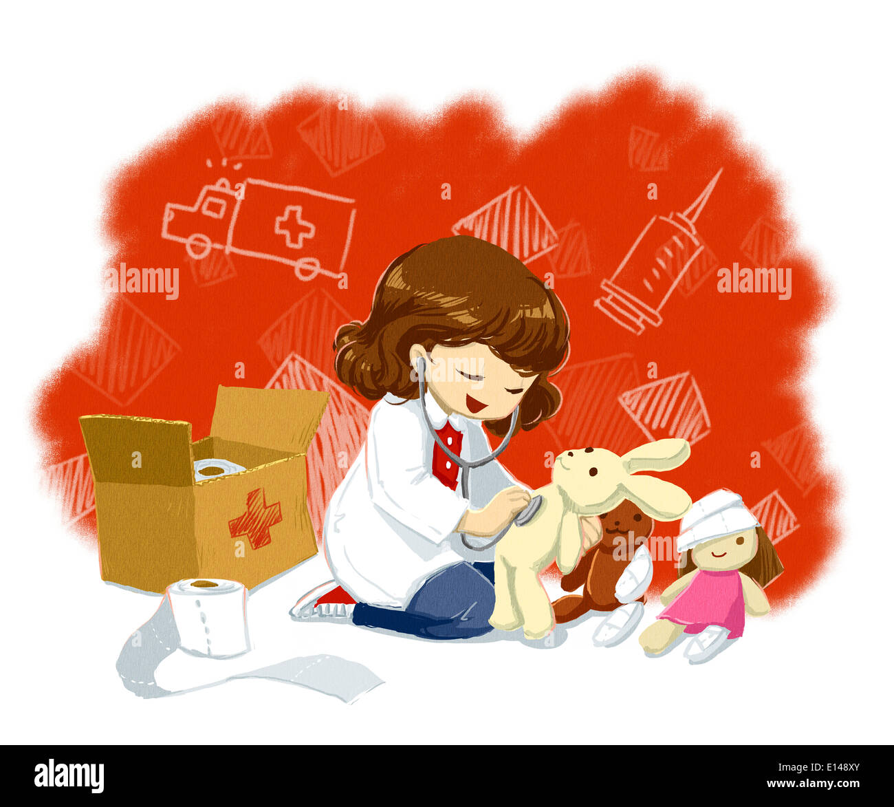 Abbildung von kleinen Mädchen in Laborkittel Prüfung Teddybär, Aspiration darstellt Stockfoto
