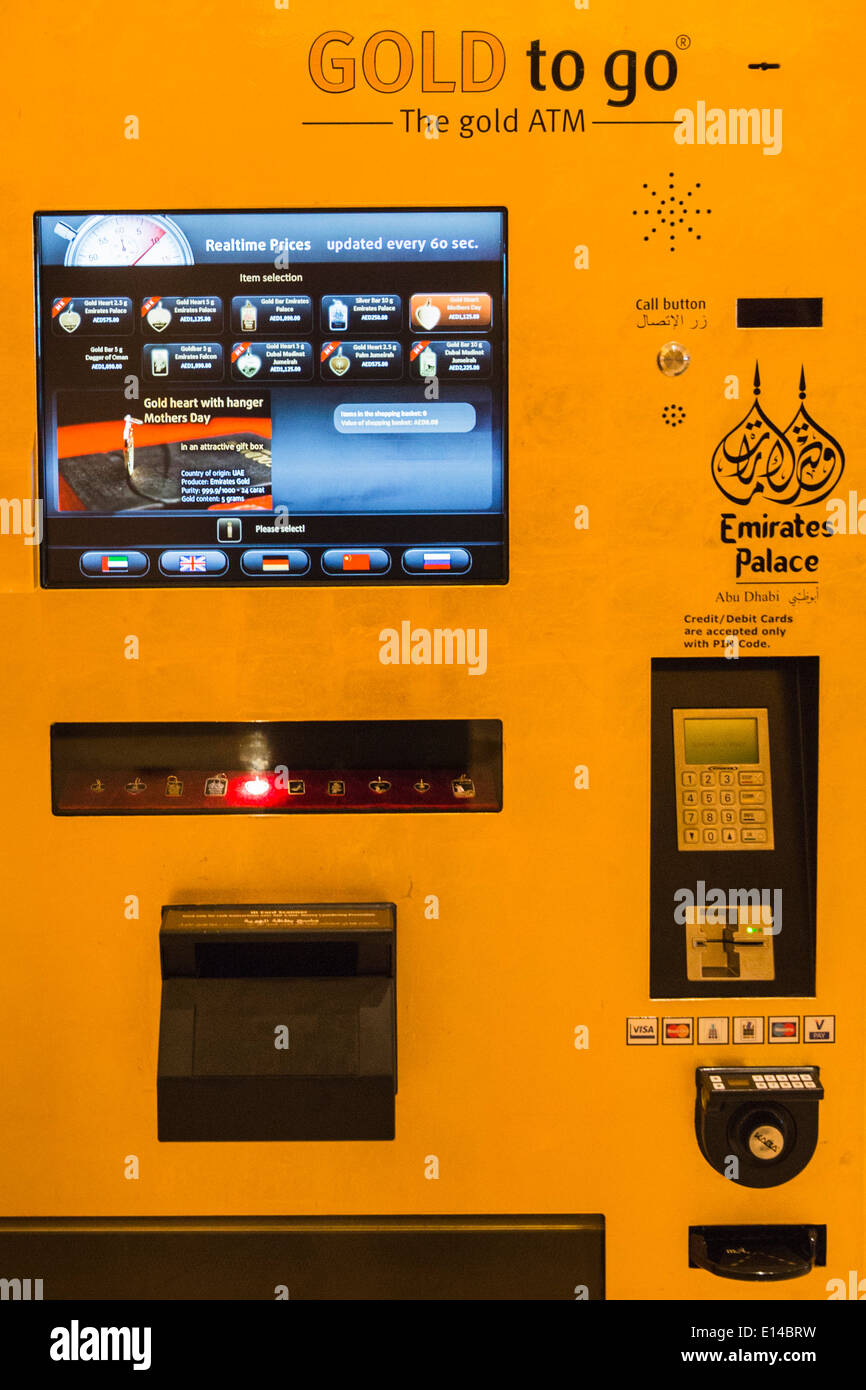 Vereinigte Arabische Emirate, Abu Dhabi, Emirates Palace Hotel. ATM für gold Stockfoto
