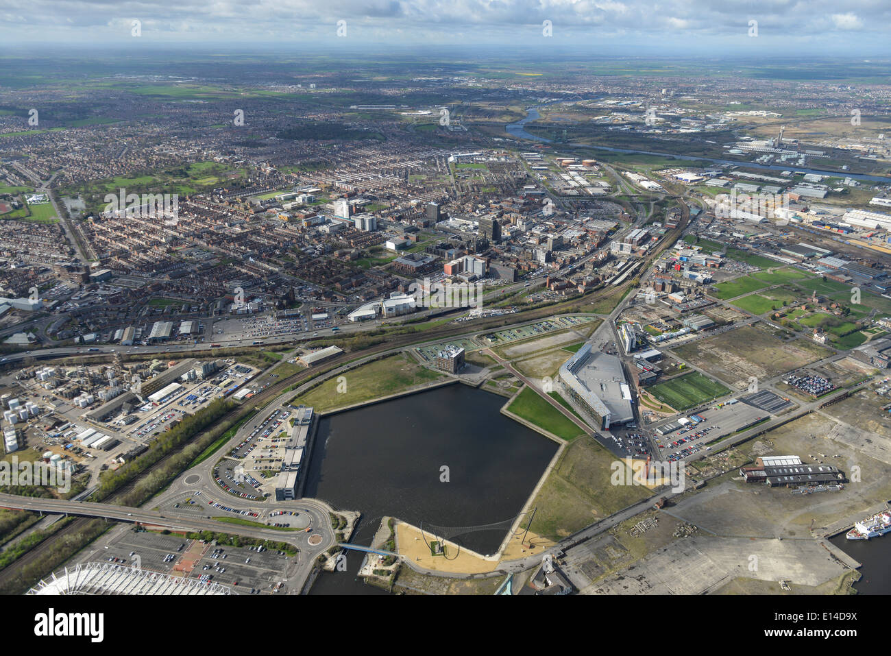 Eine Luftaufnahme von Middlesbrough, die aus dem Westen über die Stadt schauen Stockfoto
