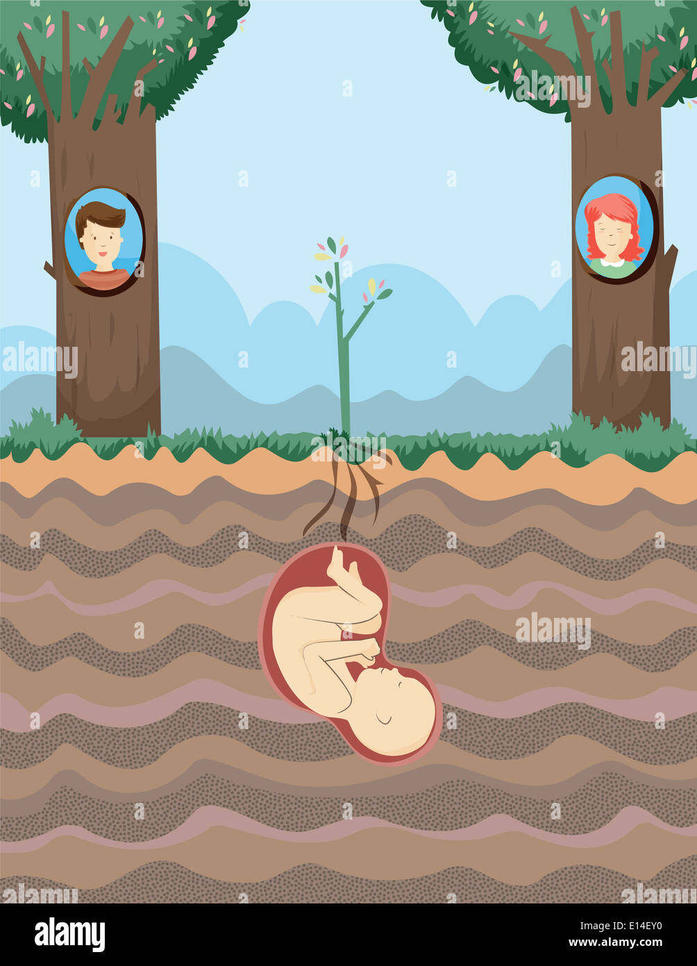 Anschauliches Bild des Paares Foto mit Babypflanze wächst in Erde vertreten Reproduktionsprozess auf Baum stecken Stockfoto