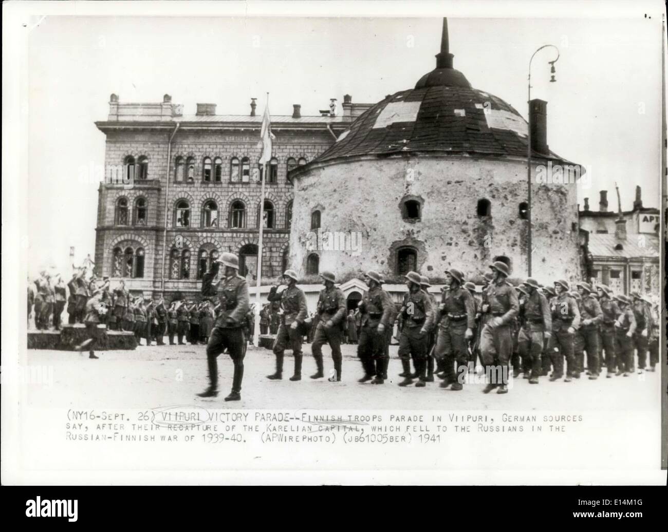 5. April 2012 - parade Wiburg Sieg Parade finnischen Truppen In Wiburg deutschen Quellen sagen, nach ihrer Rückeroberung der Karelain Hauptstadt, die für die Russen im finnischen Krieg von 1939-48 Russen fiel. Stockfoto