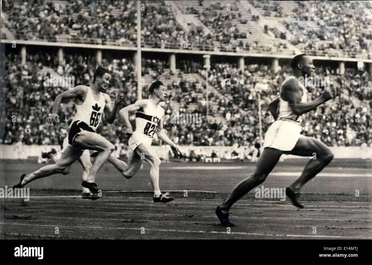 5. April 2012 - Berlin Olympische Spiele: Jesse Owens gegen den 200-Meter-Rekord in 20,7 Sekunden (Zeit Laut Associated Press Almanach) Stockfoto