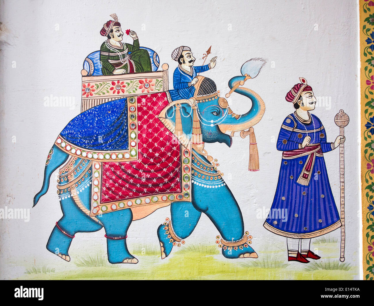 Indien, Rajasthan, Udaipur, Rajasthani Folk Art, Wandmalerei der Rajput Mann auf Elefanten mit Blume Stockfoto