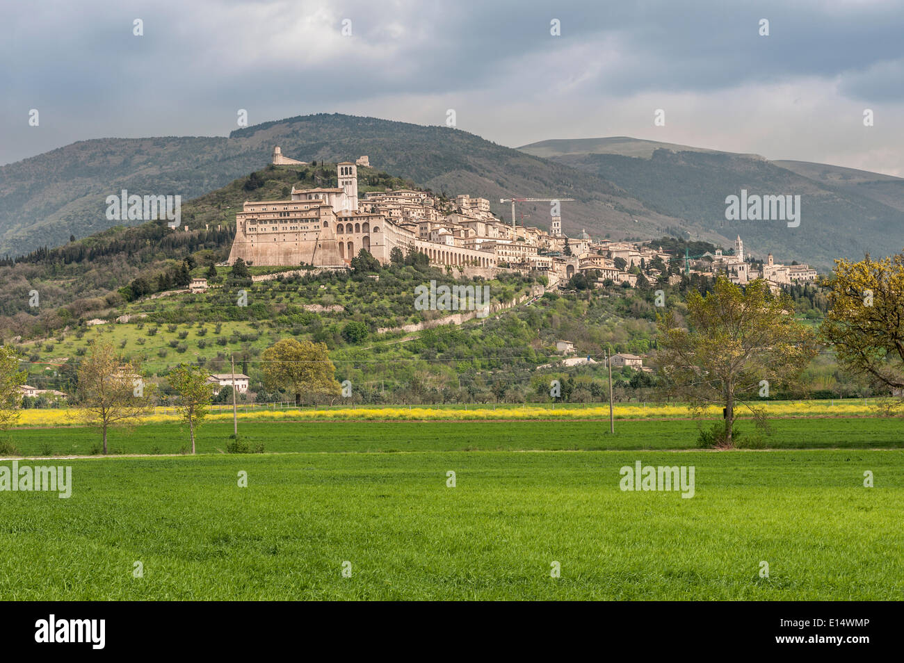 Blick auf die Stadt Assisi mit der umgebenden Landschaft, Assisi, Umbrien, Italien Stockfoto