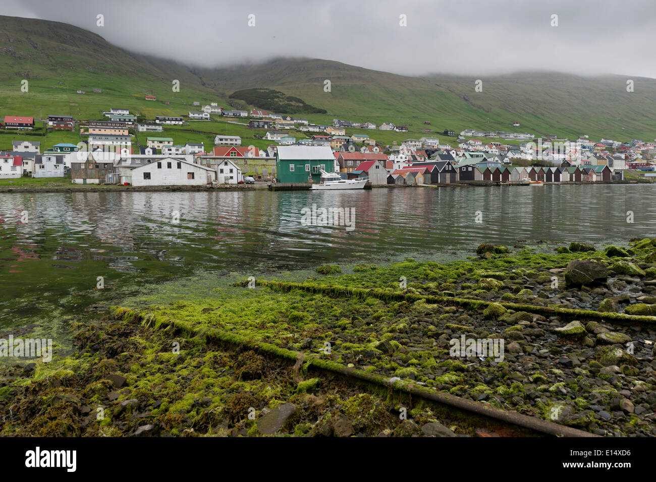 Schienen auf eine Bootsrampe bedeckt in Algen, Bootshäuser auf den Rücken, Vágar, Färöer Inseln, Dänemark Stockfoto