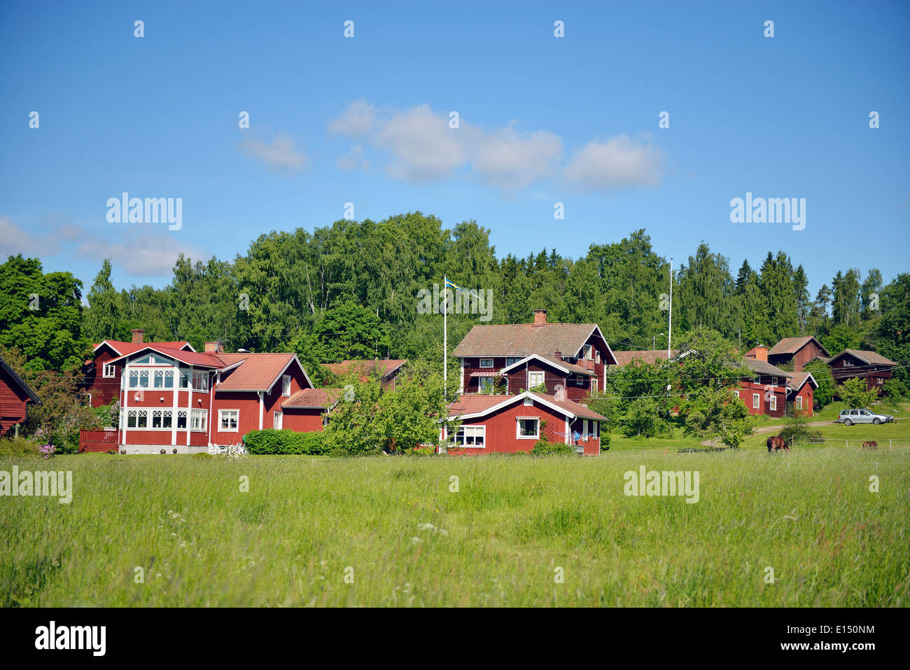 Mora, Schweden typischen roten Holzhäusern Stockfoto
