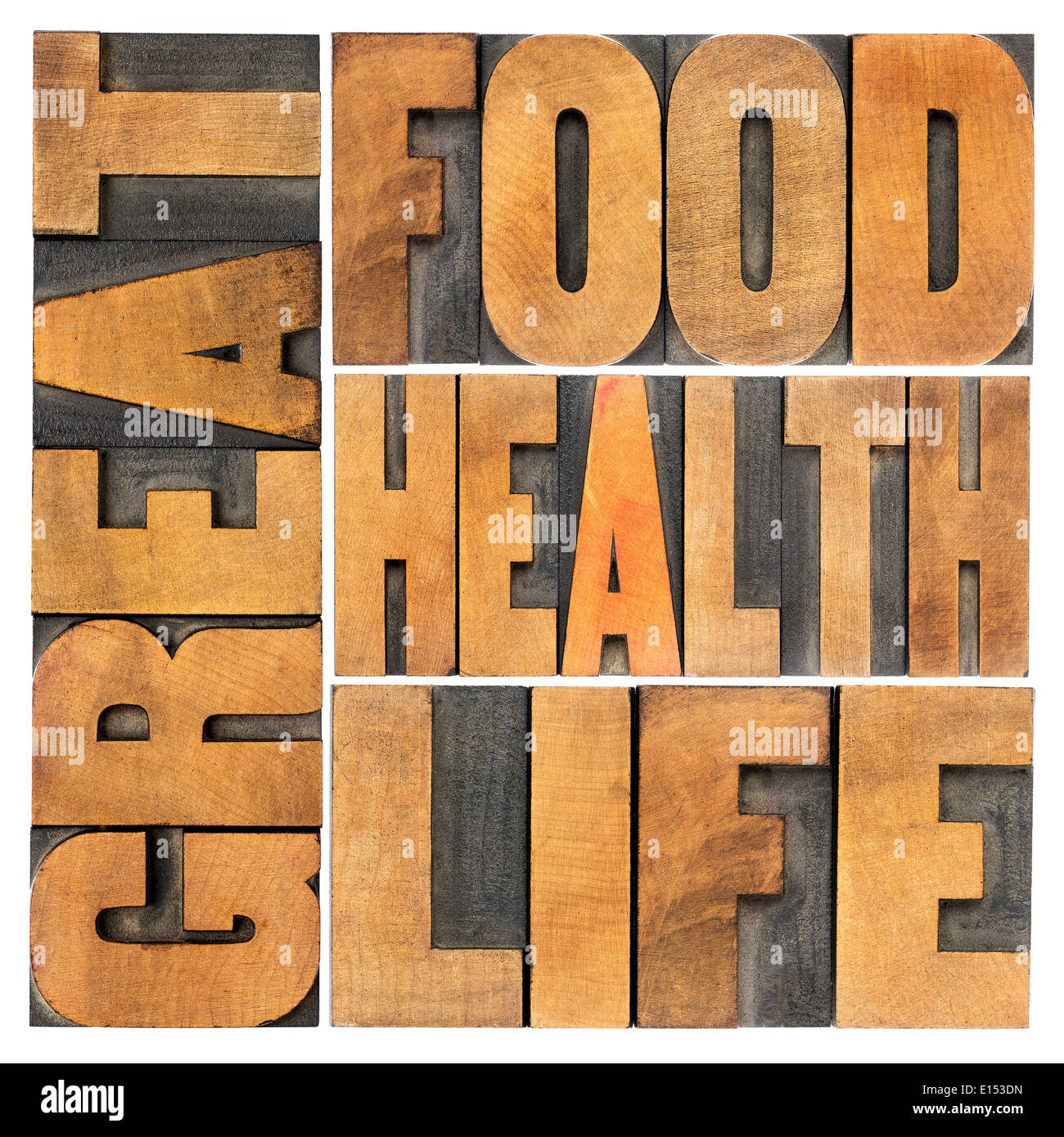 tolles Essen, Gesundheit und Leben - gesunde Ernährung und Lebensstil-Konzept - isoliert Wort abstrakt im Buchdruck Holzart Stockfoto