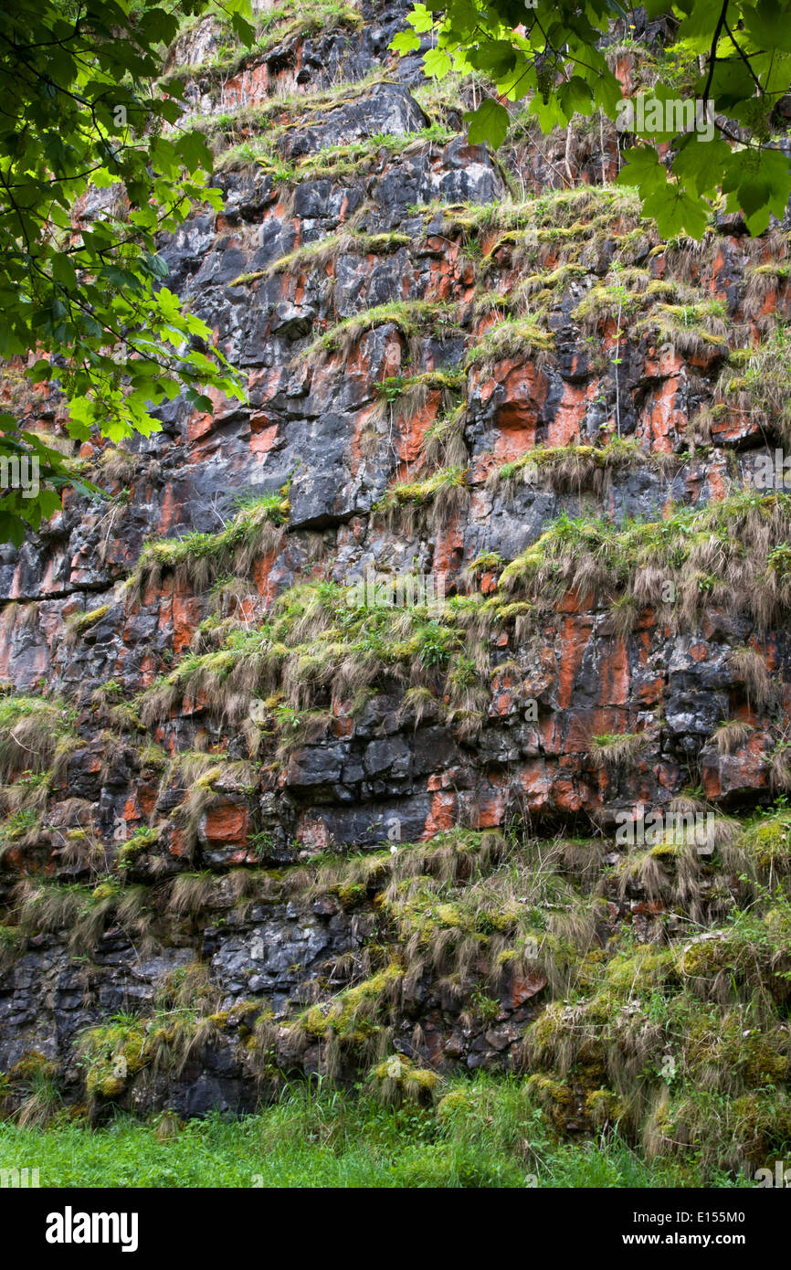Roten Felsen mit Eisen in Wye Dale Derbyshire UK Stockfoto