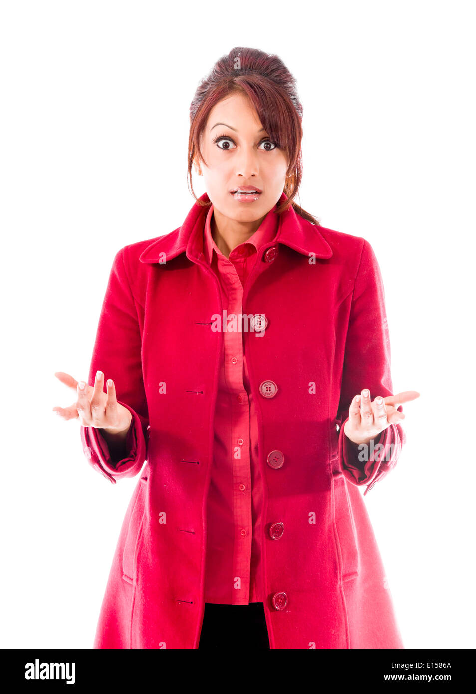 Junge Inderin mit schockiert Ausdruck isoliert auf weißem Hintergrund Stockfoto