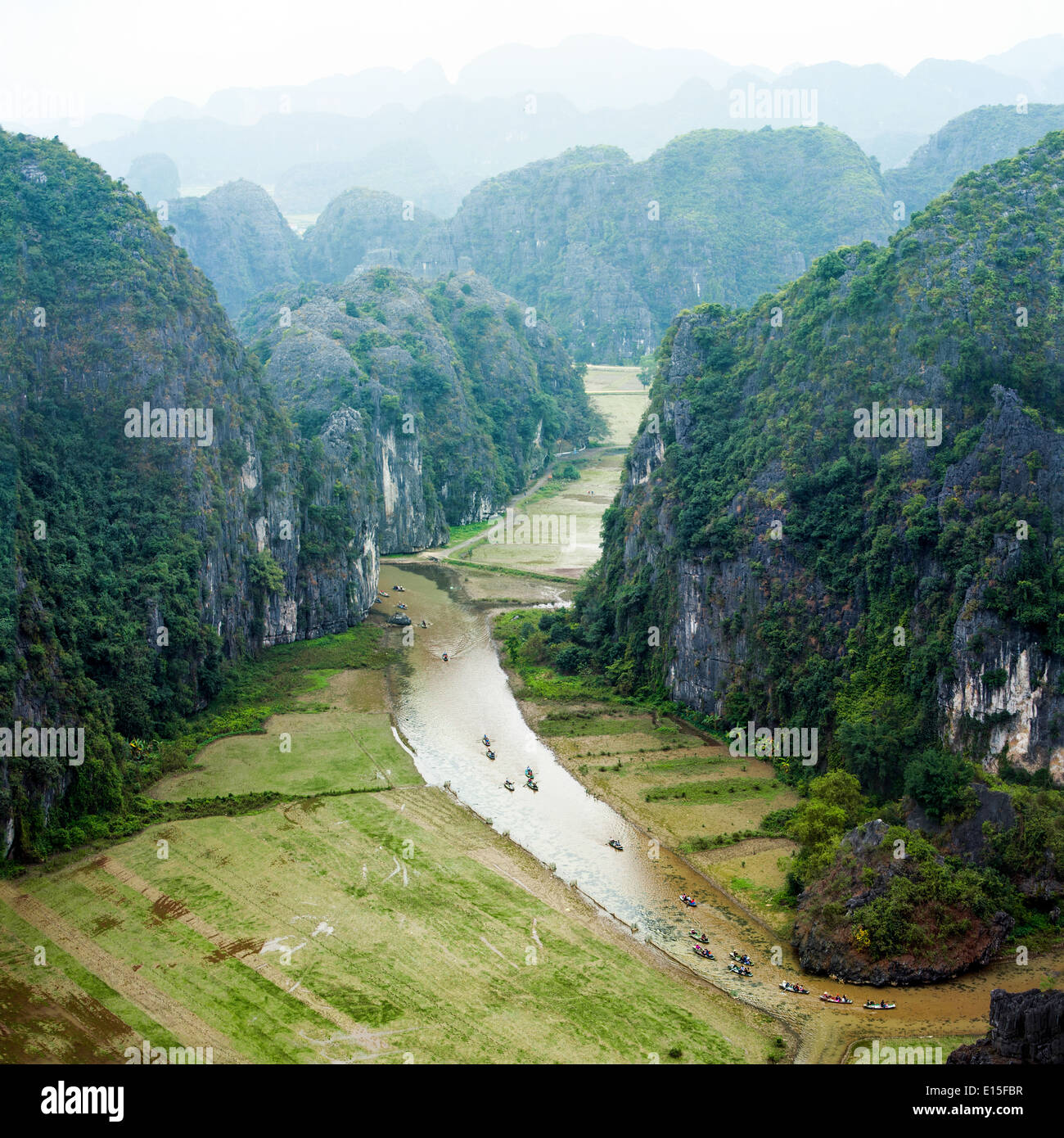 Tam Coc - Bich Dong Reisfeld und Fluss, NinhBinh, Vietnam Landschaften Stockfoto