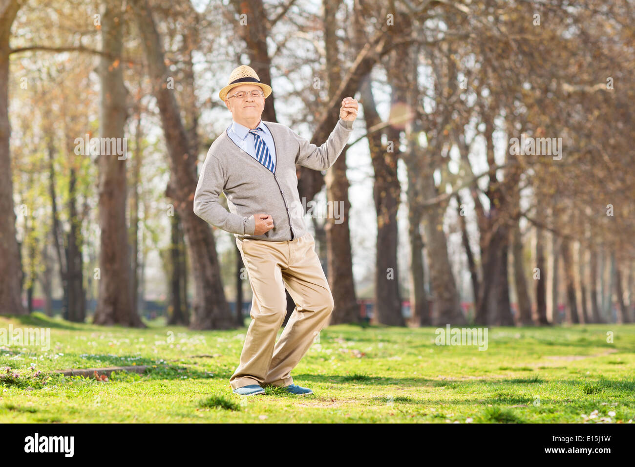 Überglücklich senior Luftgitarre spielen im park Stockfoto